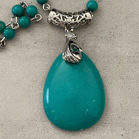 Blue Howlite Silver Hand Heart Teardrop Pendant Beaded Chain Necklace 12" Drop - Picture 6 of 7